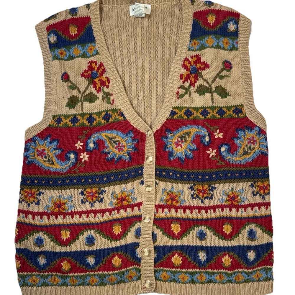 Koret Embroidered Floral Knit Vest Size Large Boho Folk Button Front Cottagecore